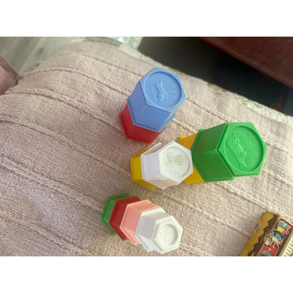 Vintage Hexagon Nesting Stacking Cups Animal Embossed Plastic Toy Set Multi